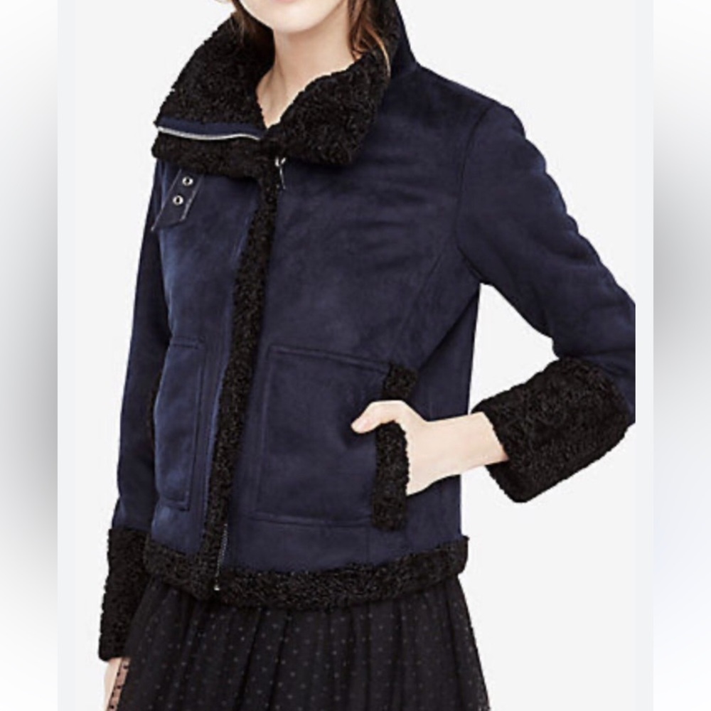 NWOT ANN TAYLOR NAVY BLUE FAUX SUEDE BLACK SHERPA JACKET COAT SIZE 8 - Picture 2 of 10